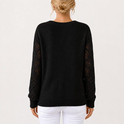 Black women's V-neck openwork sleeve knitted jumper, back view