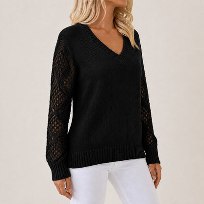 Black women's V-neck openwork sleeve knitted jumper, right-front three-quarter view