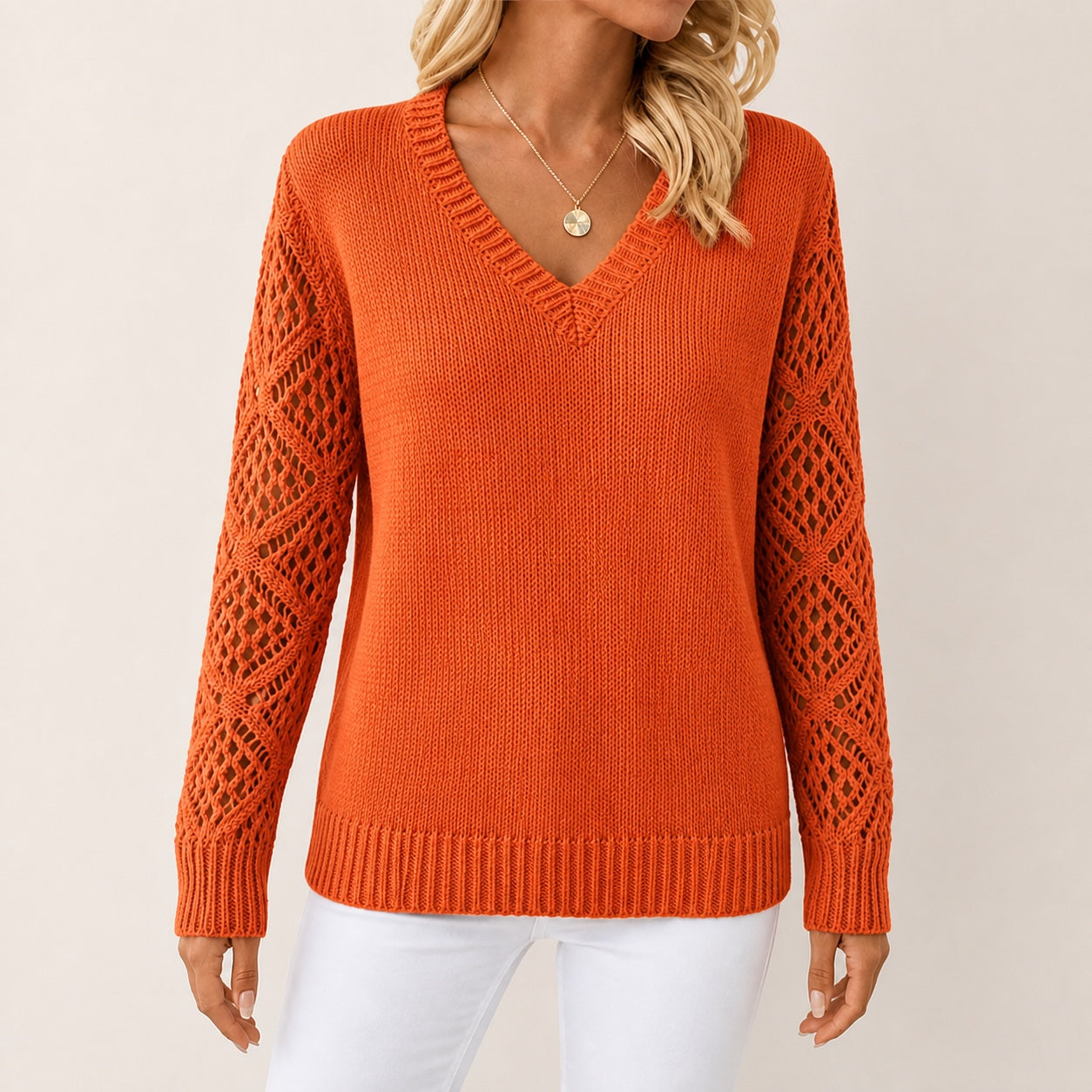 Burnt Orange women's V-neck openwork sleeve knitted jumper, front view