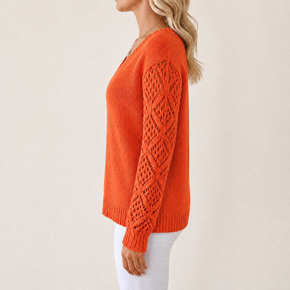 Burnt Orange women's V-neck openwork sleeve knitted jumper, side view