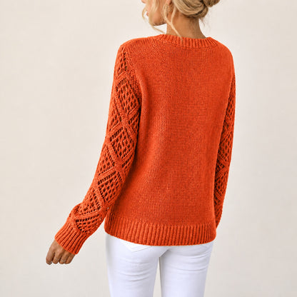 Burnt Orange women's V-neck openwork sleeve knitted jumper, rear three-quarter view