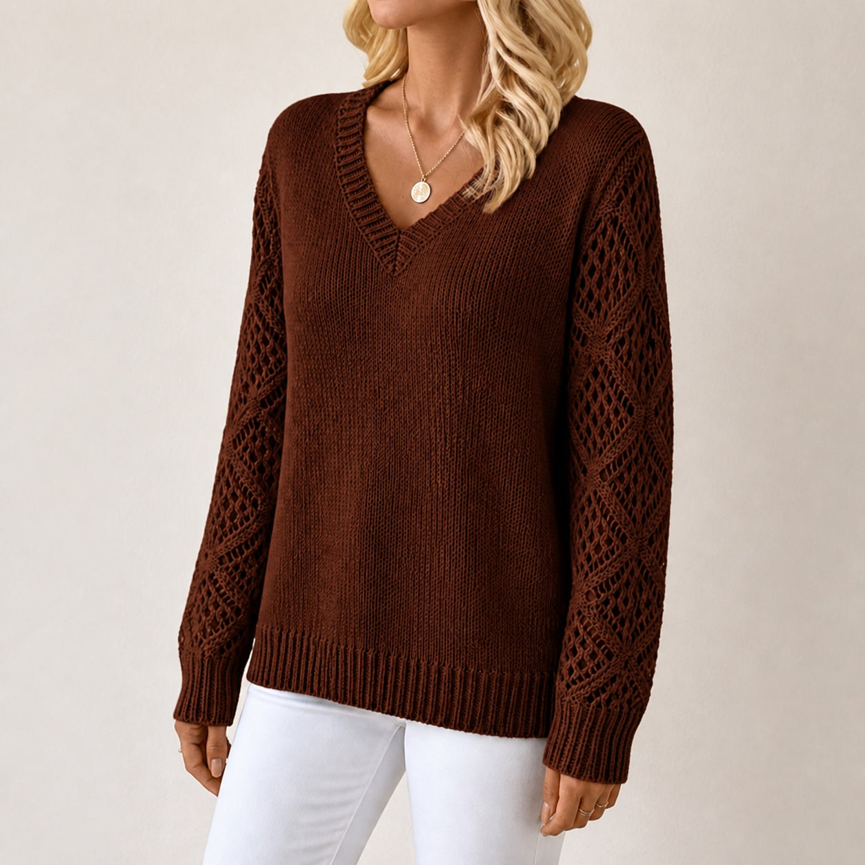 Dark Brown women's V-neck openwork sleeve knitted jumper, left-front three-quarter view