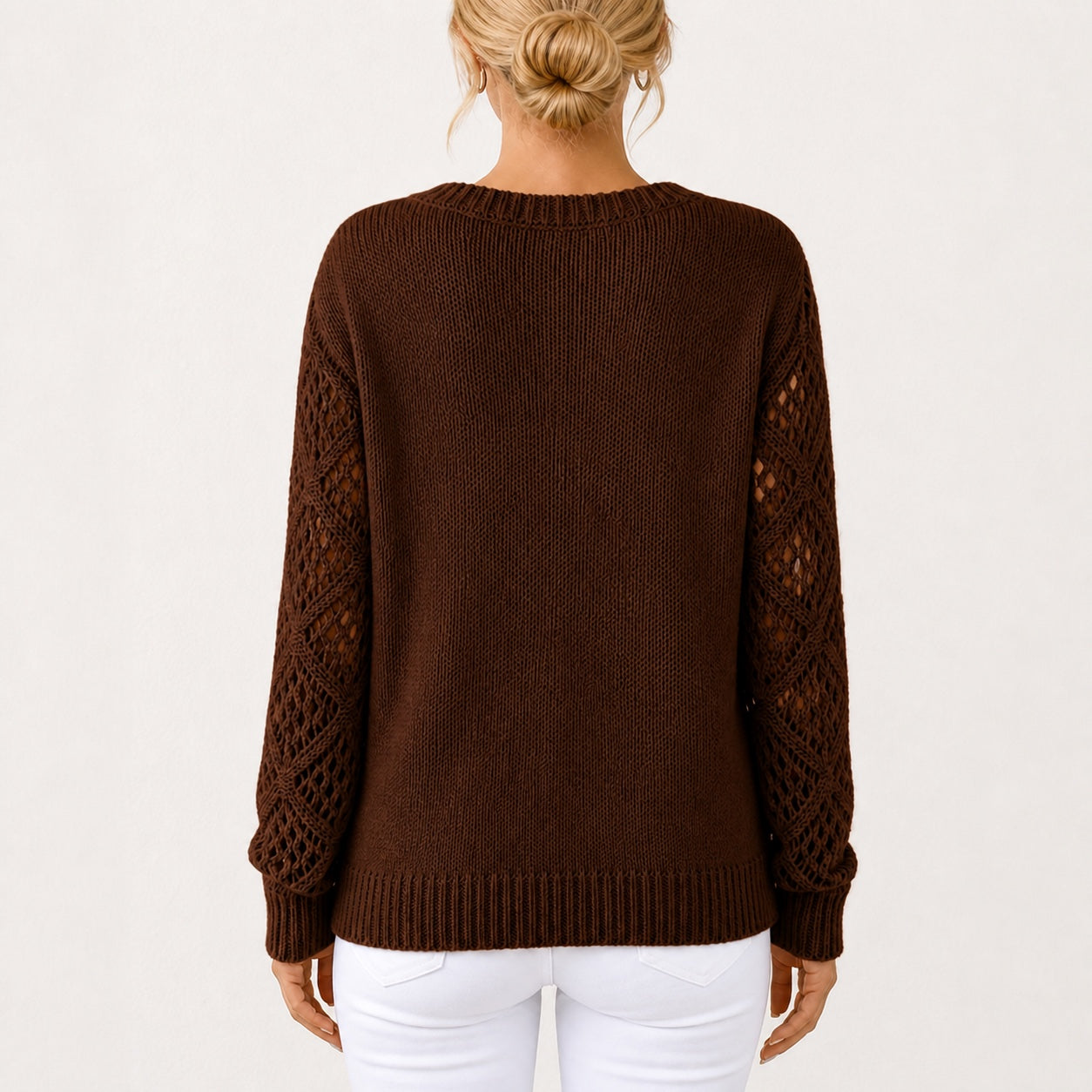 Dark Brown women's V-neck openwork sleeve knitted jumper, back view