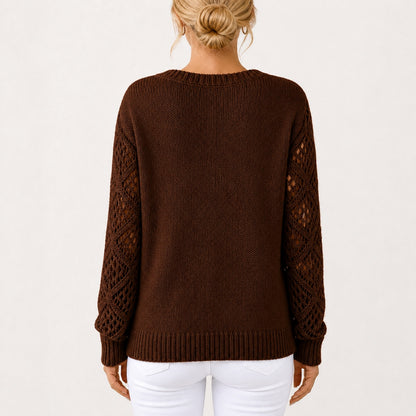 Dark Brown women's V-neck openwork sleeve knitted jumper, back view