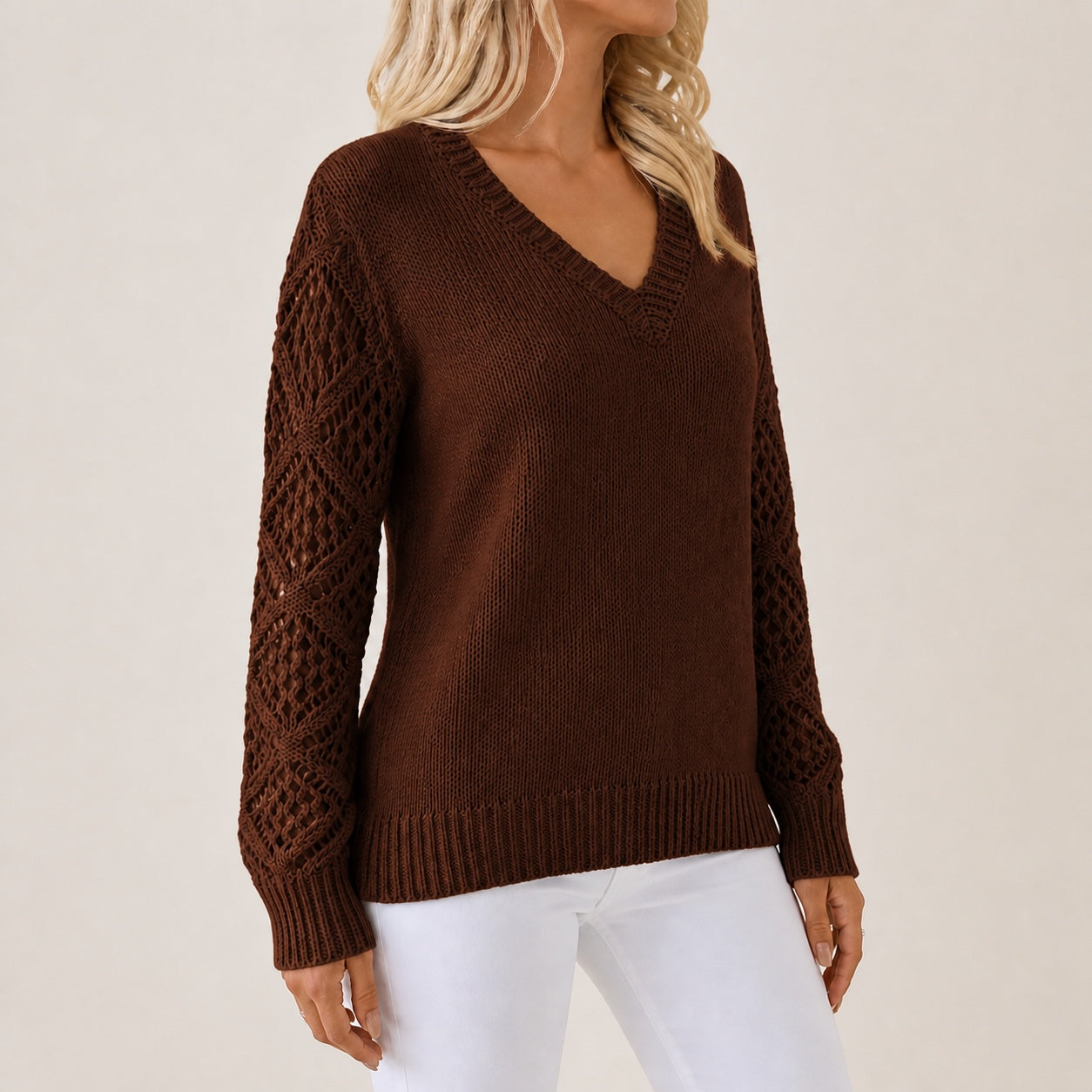 Dark Brown women's V-neck openwork sleeve knitted jumper, right-front three-quarter view