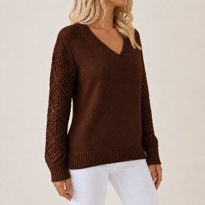 Dark Brown women's V-neck openwork sleeve knitted jumper, right-front three-quarter view