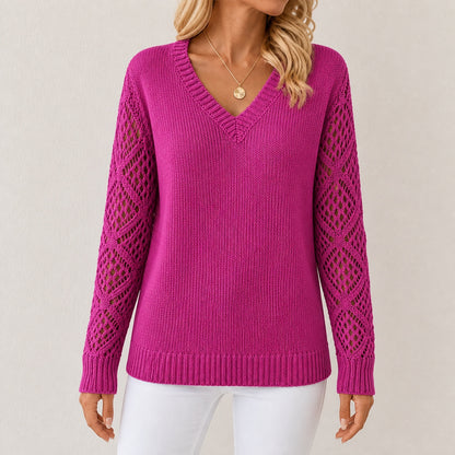 Fuchsia Pink women's V-neck openwork sleeve knitted jumper, front view