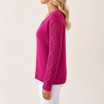 Fuchsia Pink women's V-neck openwork sleeve knitted jumper, side view