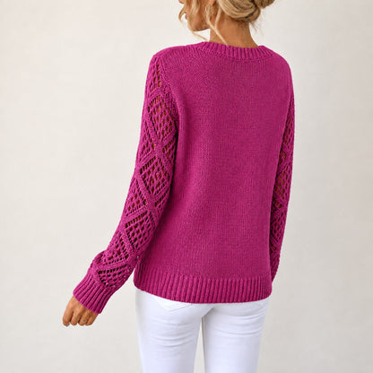 Fuchsia Pink women's V-neck openwork sleeve knitted jumper, rear three-quarter view
