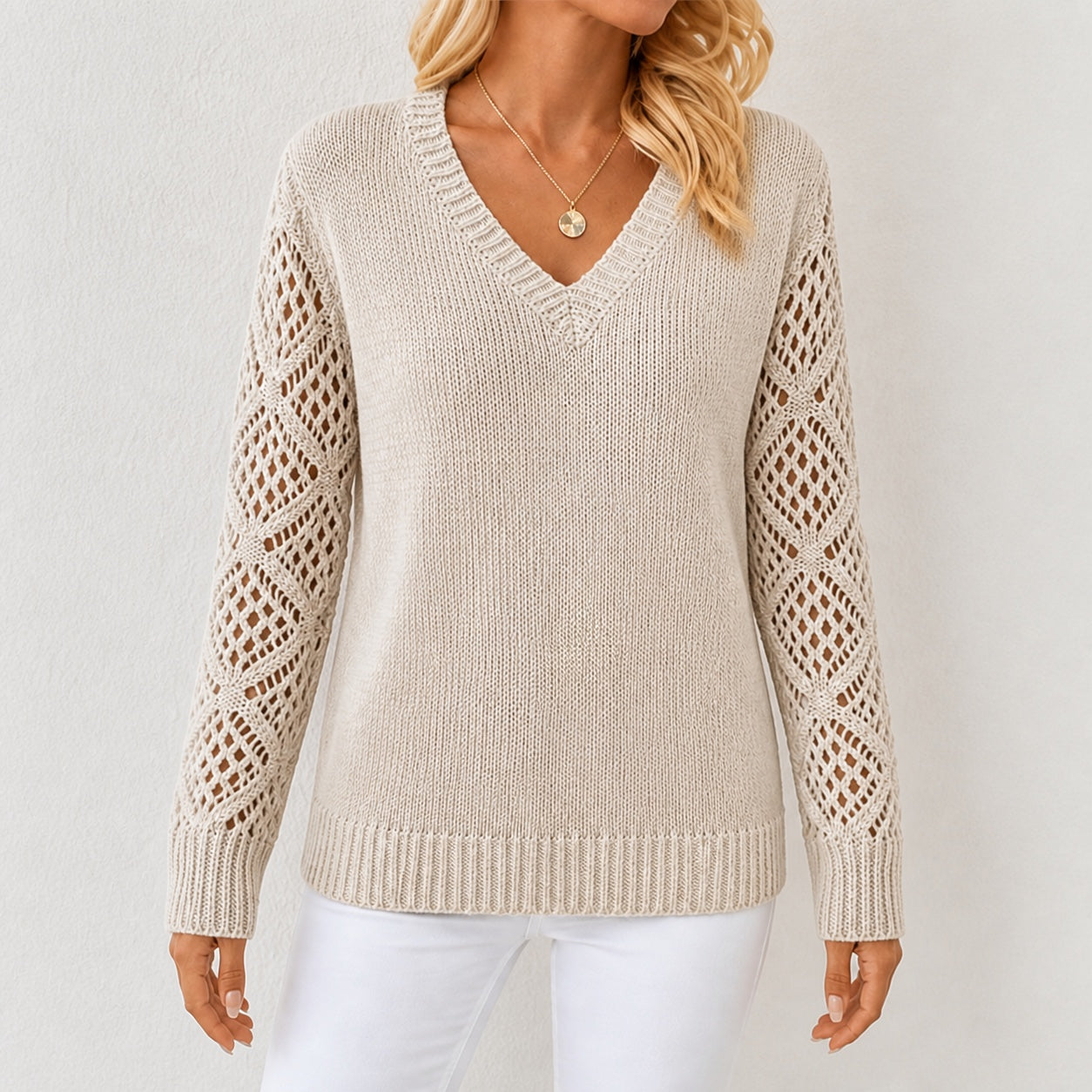 Light Beige women's V-neck openwork sleeve knitted jumper, front view