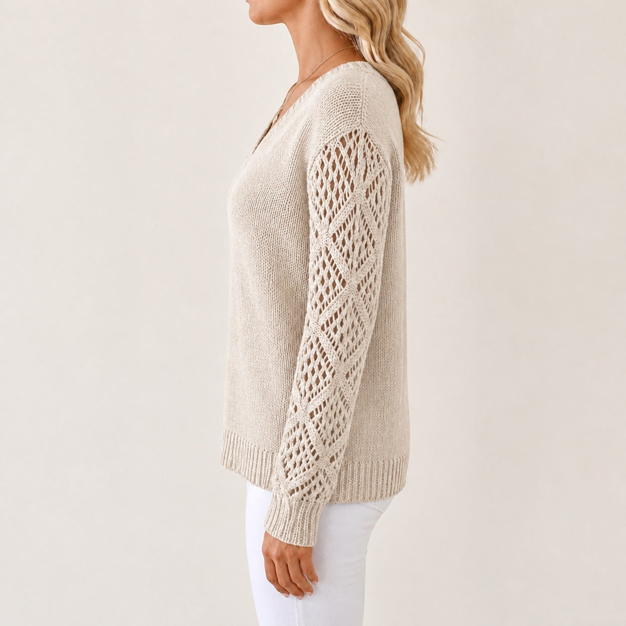 Light Beige women's V-neck openwork sleeve knitted jumper, side view