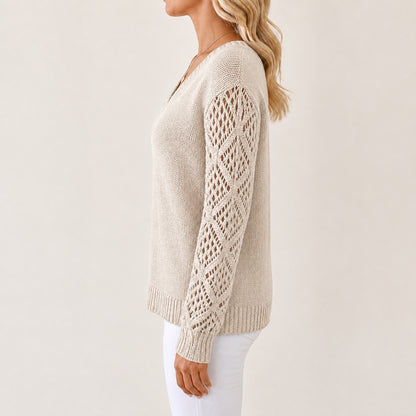 Light Beige women's V-neck openwork sleeve knitted jumper, side view