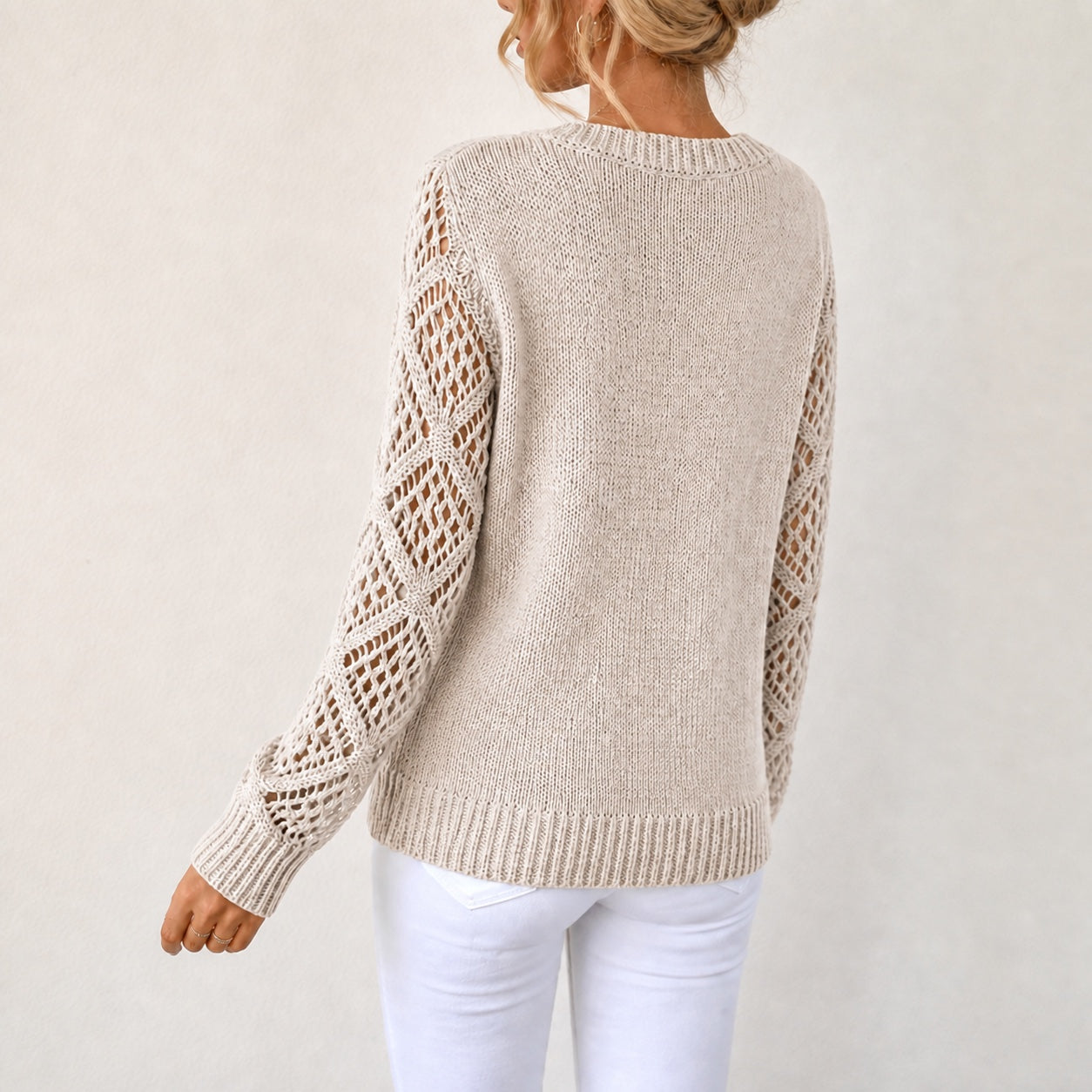 Light Beige women's V-neck openwork sleeve knitted jumper, rear three-quarter view