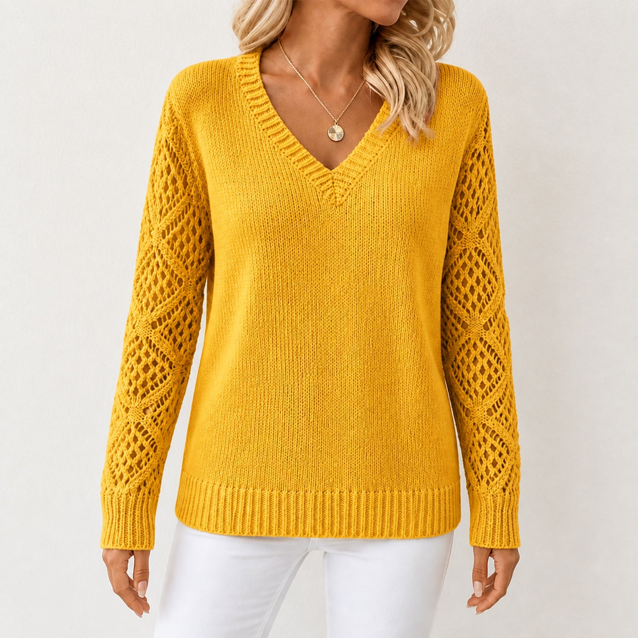 Mustard Yellow women's V-neck openwork sleeve knitted jumper, front view