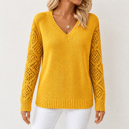 Mustard Yellow women's V-neck openwork sleeve knitted jumper, front view