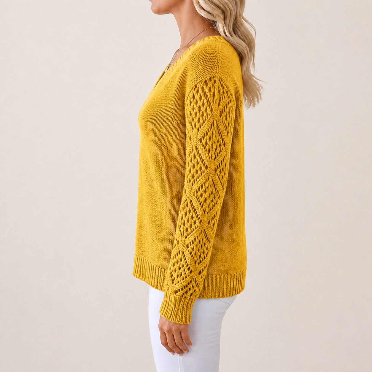 Mustard Yellow women's V-neck openwork sleeve knitted jumper, side view