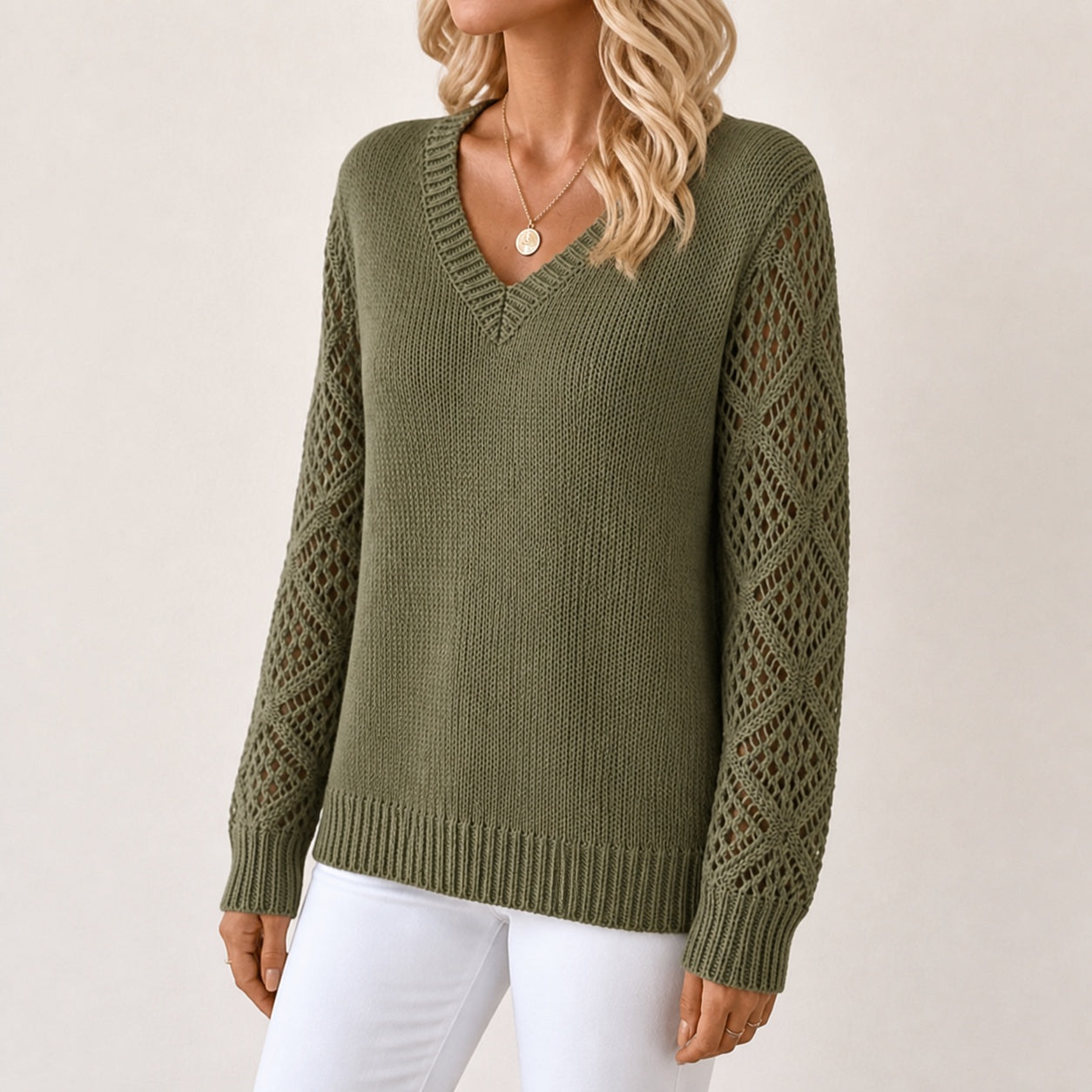 Olive Green women's V-neck openwork sleeve knitted jumper, left-front three-quarter view