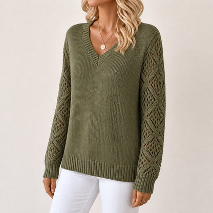 Olive Green women's V-neck openwork sleeve knitted jumper, left-front three-quarter view