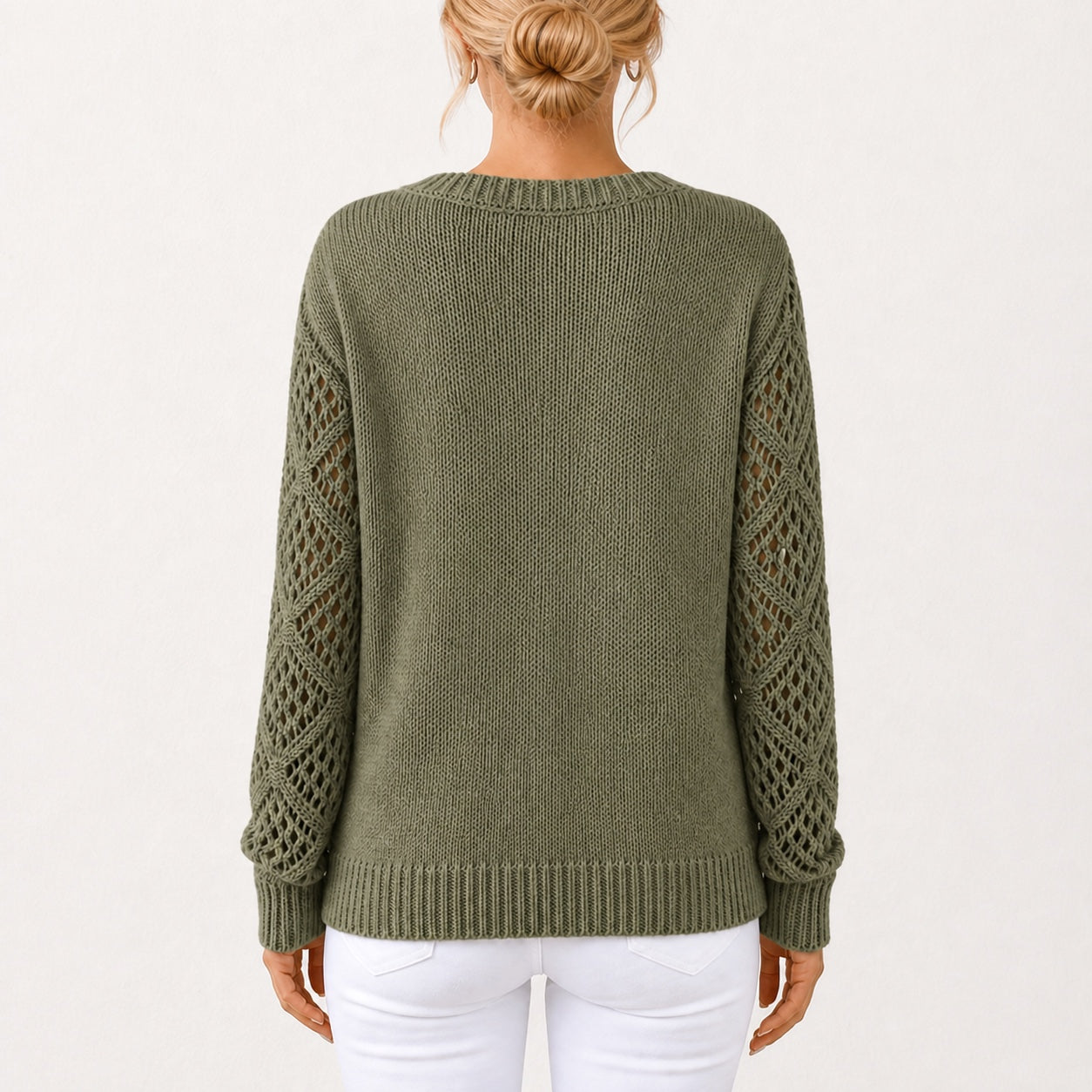 Olive Green women's V-neck openwork sleeve knitted jumper, back view