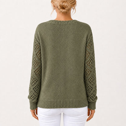 Olive Green women's V-neck openwork sleeve knitted jumper, back view