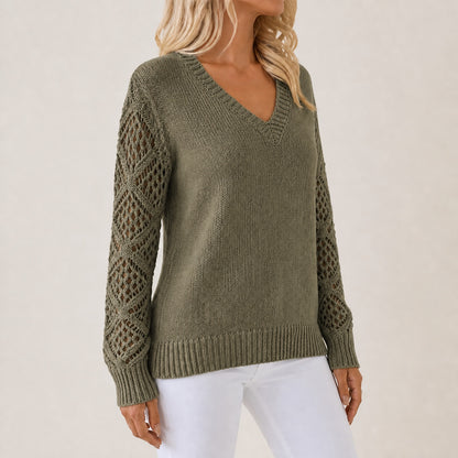 Olive Green women's V-neck openwork sleeve knitted jumper, right-front three-quarter view