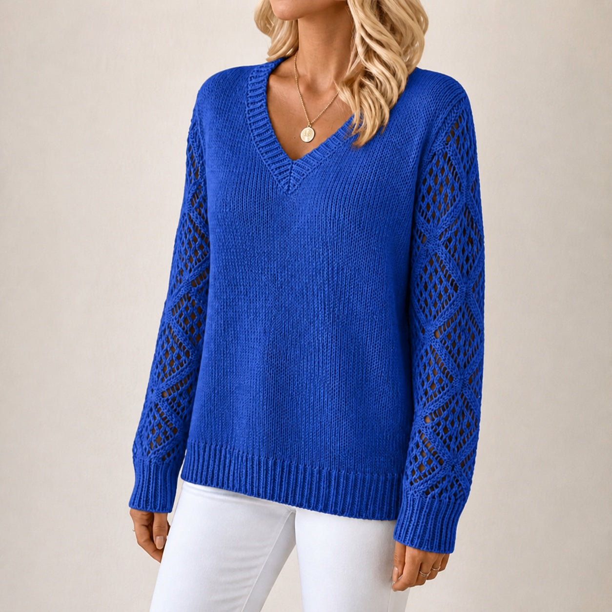 Royal Blue women's V-neck openwork sleeve knitted jumper, left-front three-quarter view