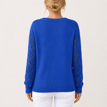 Royal Blue women's V-neck openwork sleeve knitted jumper, back view