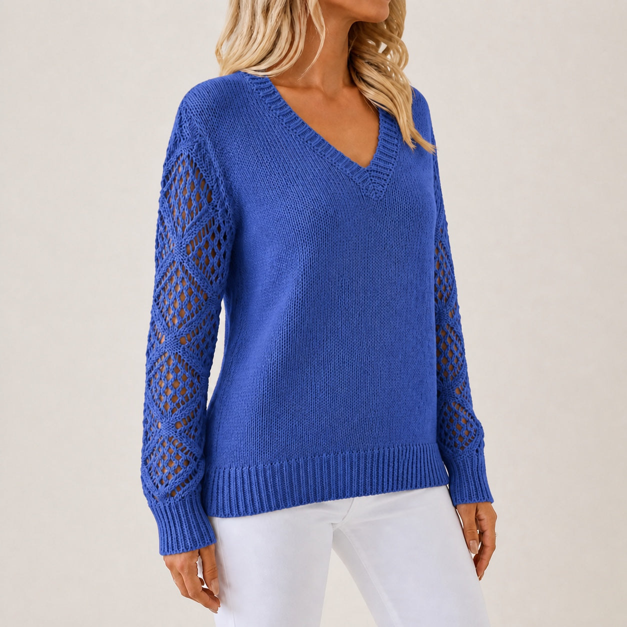 Royal Blue women's V-neck openwork sleeve knitted jumper, right-front three-quarter view