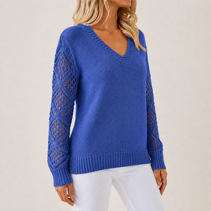 Royal Blue women's V-neck openwork sleeve knitted jumper, right-front three-quarter view