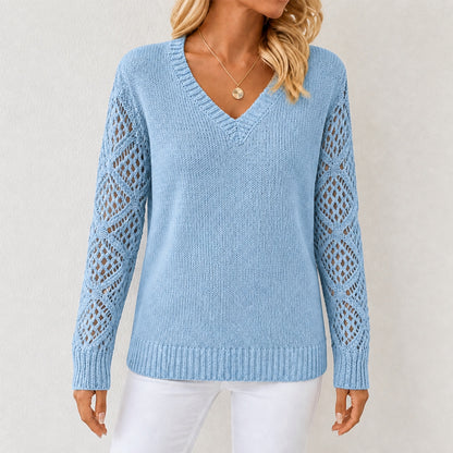 Sky Blue women's V-neck openwork sleeve knitted jumper, front view