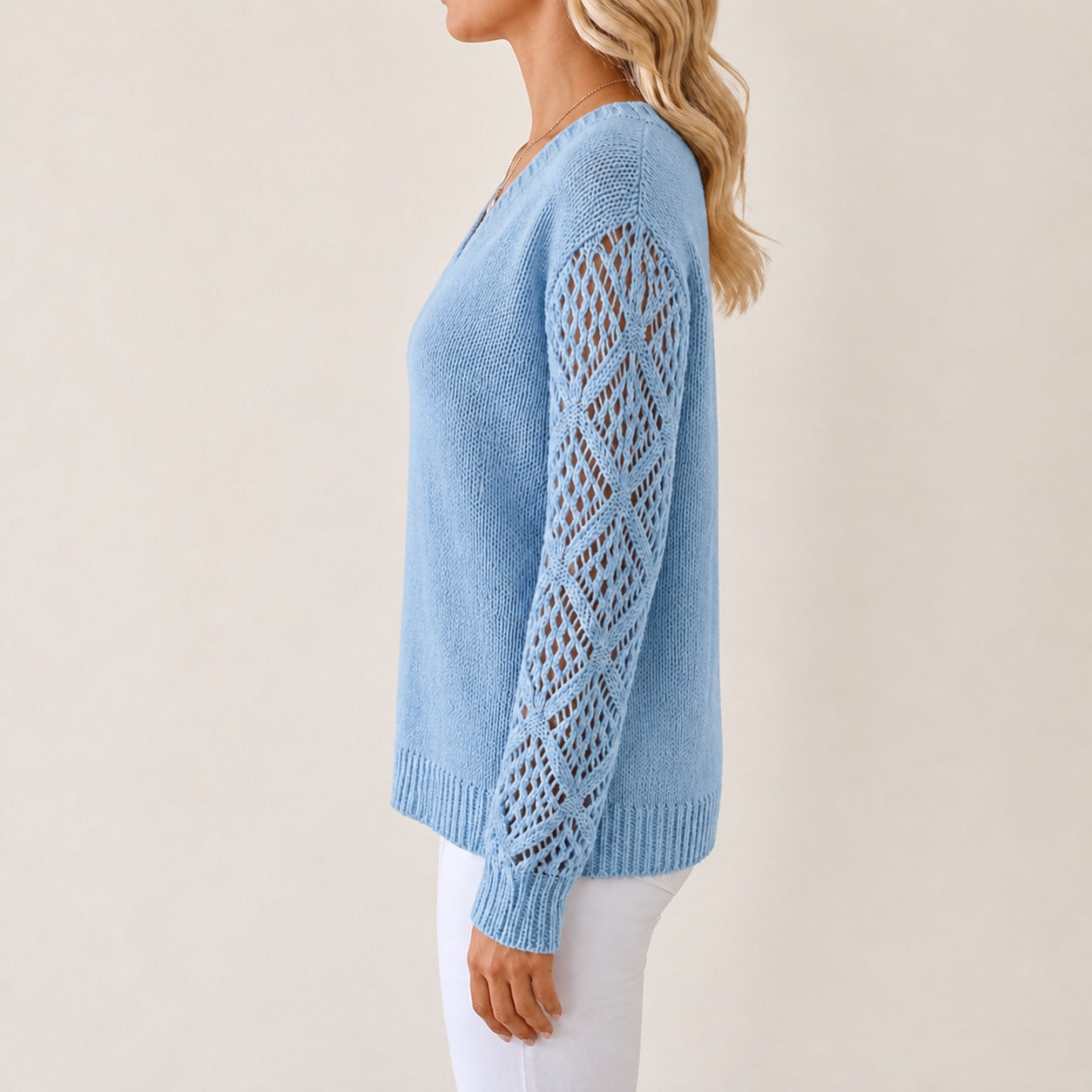 Sky Blue women's V-neck openwork sleeve knitted jumper, side view