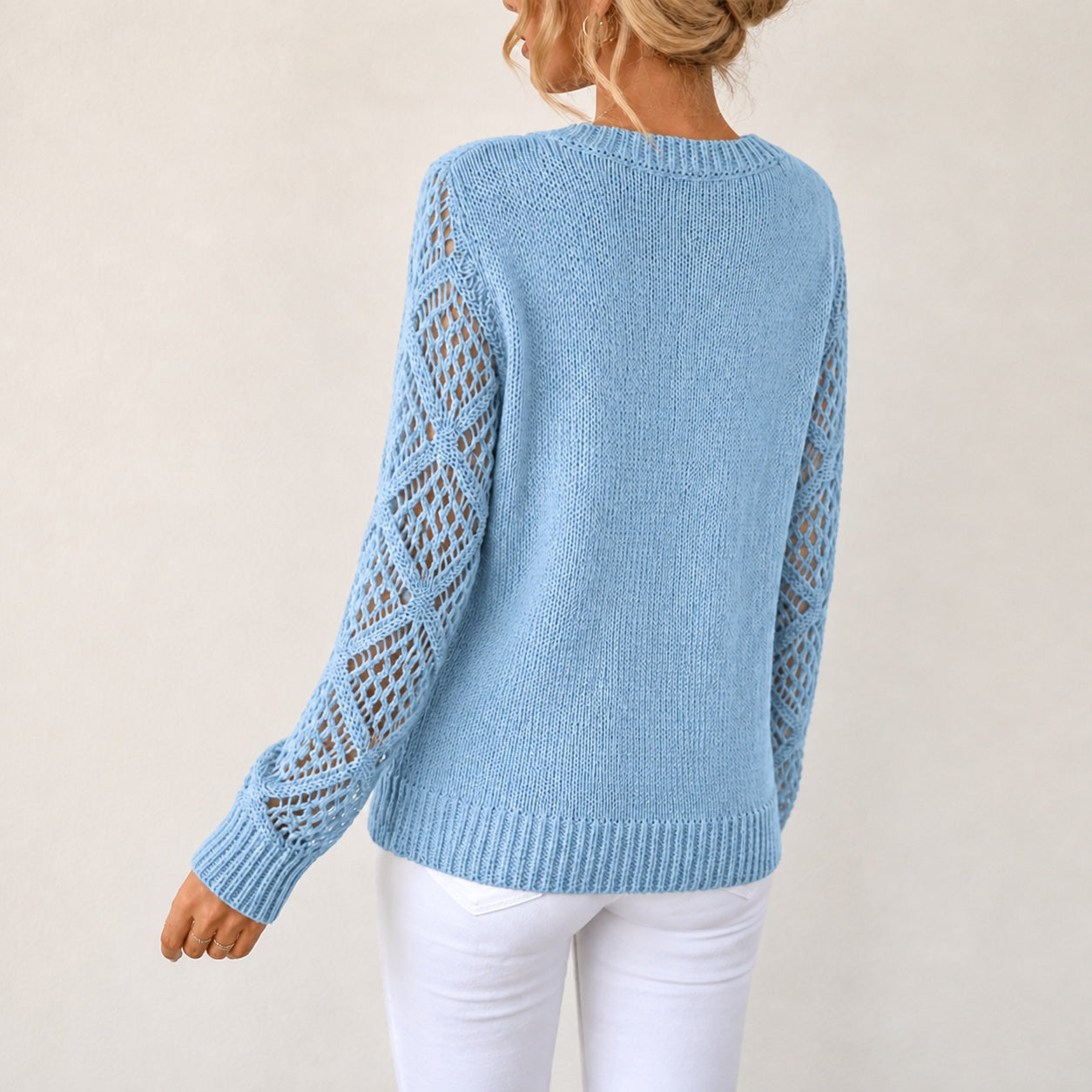 Sky Blue women's V-neck openwork sleeve knitted jumper, rear three-quarter view