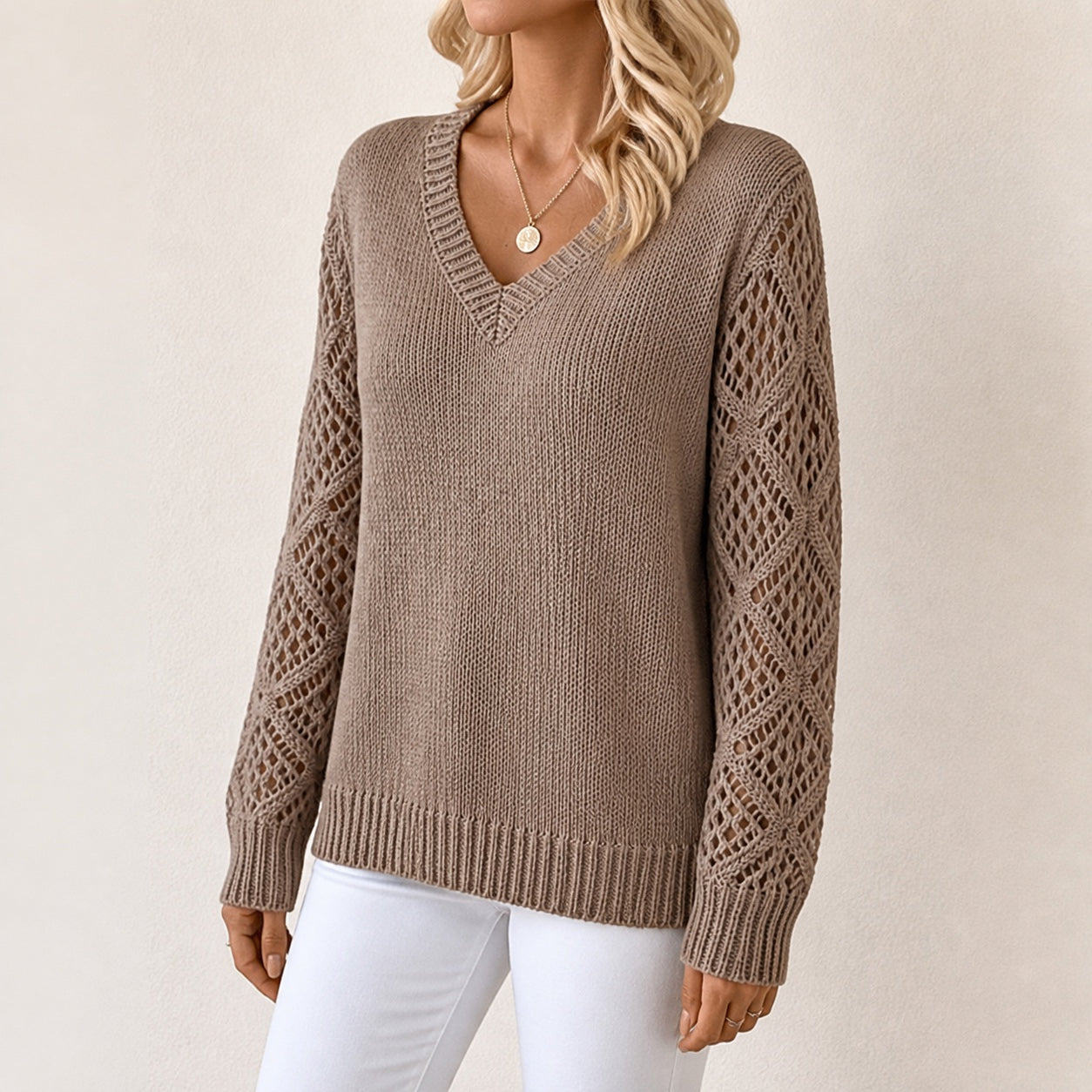 Taupe women's V-neck openwork sleeve knitted jumper, left-front three-quarter view