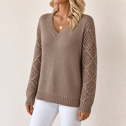 Taupe women's V-neck openwork sleeve knitted jumper, left-front three-quarter view
