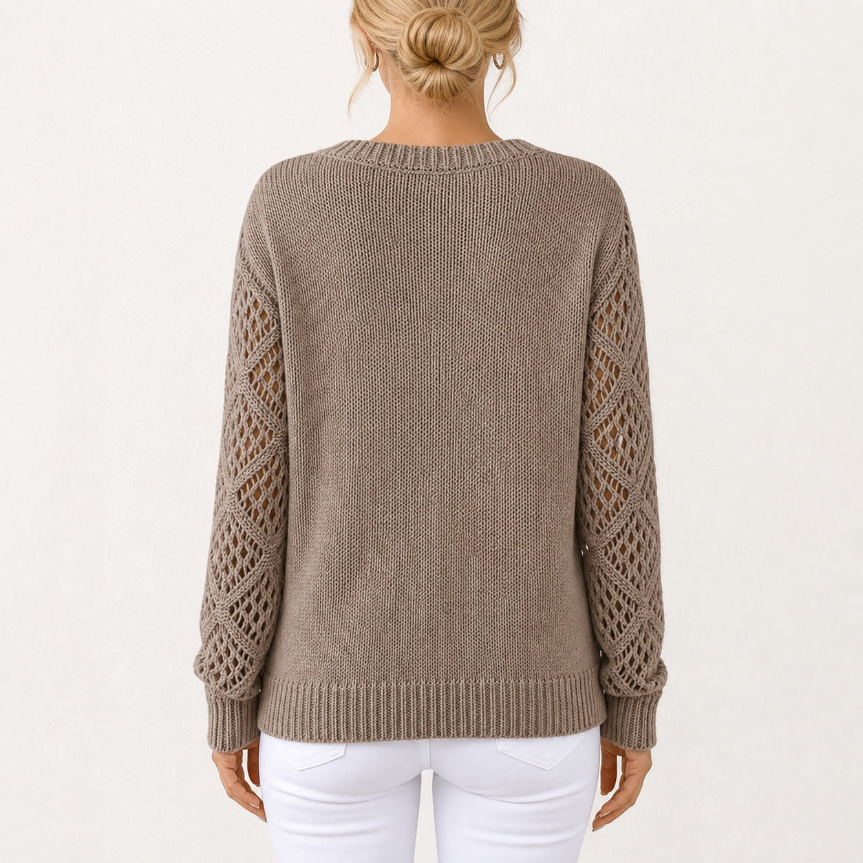Taupe women's V-neck openwork sleeve knitted jumper, back view