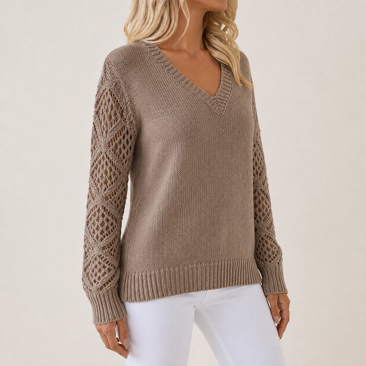 Taupe women's V-neck openwork sleeve knitted jumper, right-front three-quarter view
