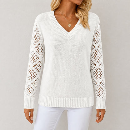 White women's V-neck openwork sleeve knitted jumper, front view