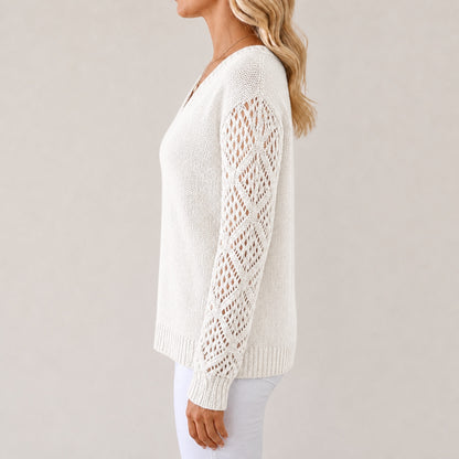 White women's V-neck openwork sleeve knitted jumper, side view
