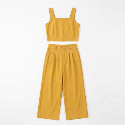 Linen Look Square Neck Crop Top & High Waist Wide Leg Trouser Co-ord
