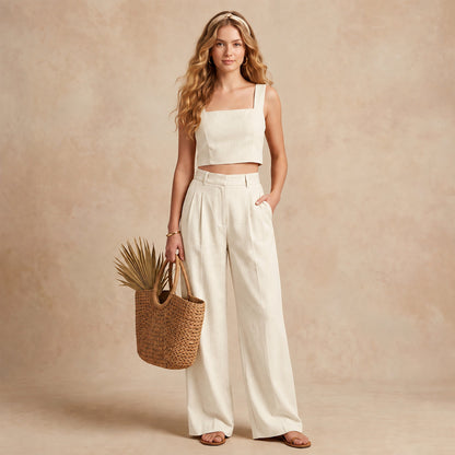 Linen Look Square Neck Crop Top & High Waist Wide Leg Trouser Co-ord