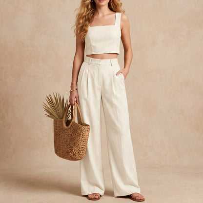Linen Look Square Neck Crop Top & High Waist Wide Leg Trouser Co-ord