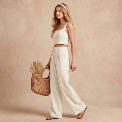 Linen Look Square Neck Crop Top & High Waist Wide Leg Trouser Co-ord