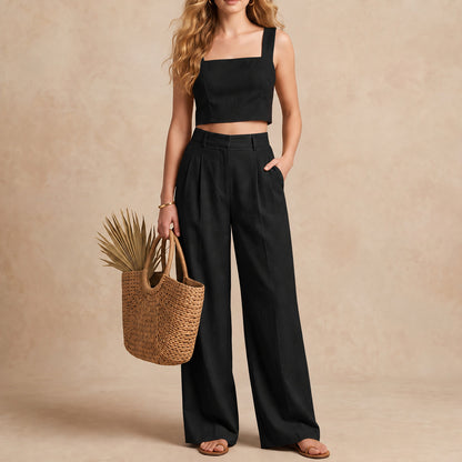 Linen Look Square Neck Crop Top & High Waist Wide Leg Trouser Co-ord
