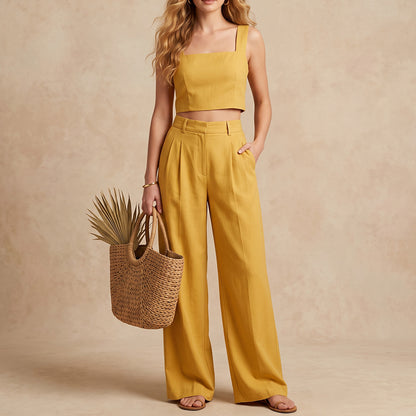 Linen Look Square Neck Crop Top & High Waist Wide Leg Trouser Co-ord