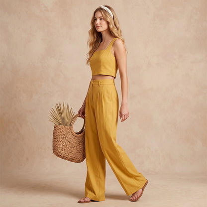 Linen Look Square Neck Crop Top & High Waist Wide Leg Trouser Co-ord