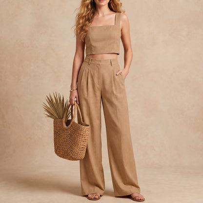Linen Look Square Neck Crop Top & High Waist Wide Leg Trouser Co-ord