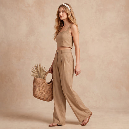 Linen Look Square Neck Crop Top & High Waist Wide Leg Trouser Co-ord