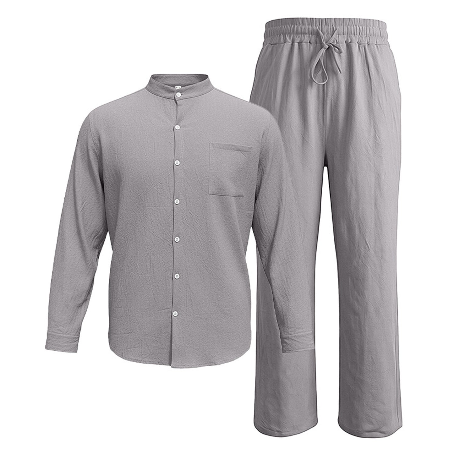 Grey men's two piece linen-blend set with Grandad collar shirt and straight-leg trousers, shirt and trousers product-only view