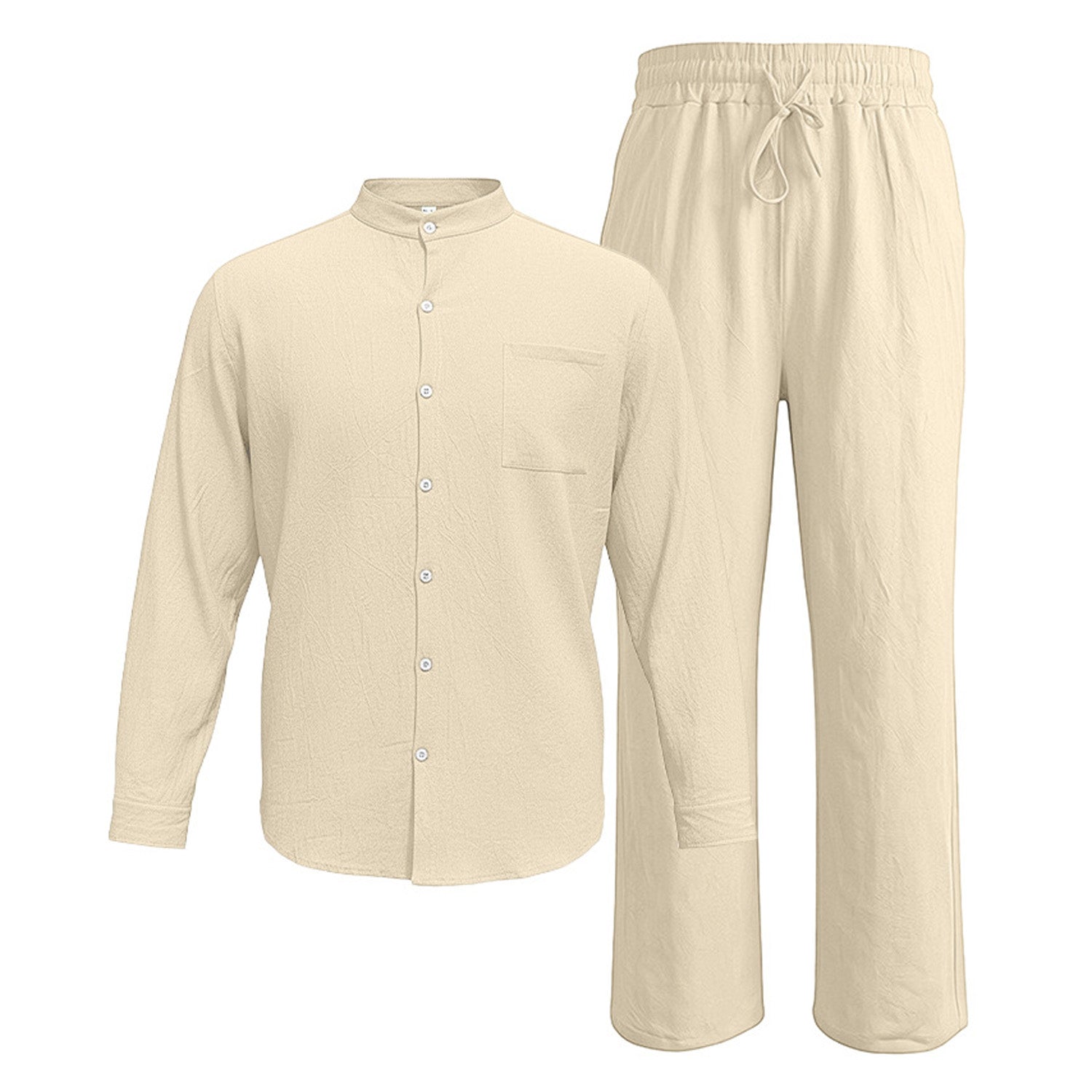 Beige men's two piece linen-blend set with Grandad collar shirt and straight-leg trousers, shirt and trousers product-only view