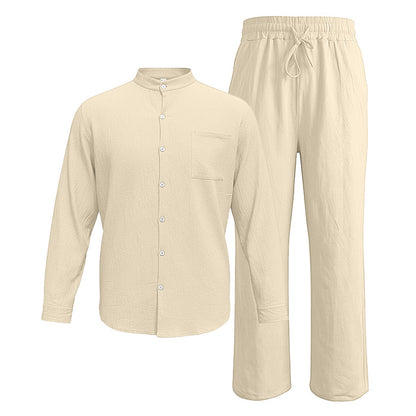 Beige men's two piece linen-blend set with Grandad collar shirt and straight-leg trousers, shirt and trousers product-only view